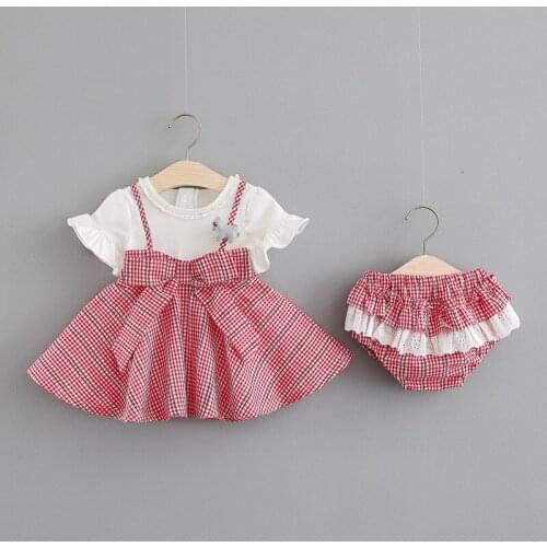 2 Piece Infant Sling Dress Diaper for Newborn Baby Girls Braces Plaided Dresses Children Clothes Sets Suspender Skirt Pants 1-3Y