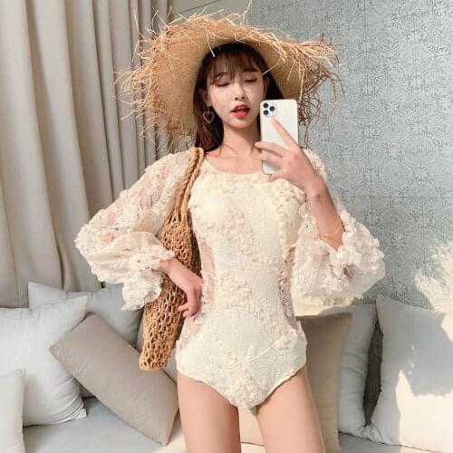 Swimming Suit For Women Swimsuit Girls One Piece Swimwear Ladies Rashguard Female New Silk Long Sleeve Beige Solid Cotton