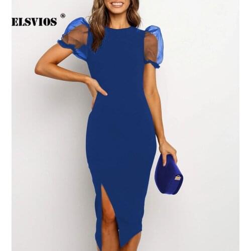 Summer Puff Short Sleeve Split Party Dress Women 2020 Spring O-neck Slim Bodycon Dress Elegant Solid Mesh Patchwork Long Dresses