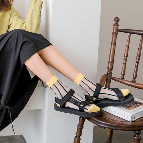 Colorful Stripe Silk Girls Socks Sexy Thin Transparent Lace Socks Ultrathin Women Socks Crystal Candy Silk Glass Sokken Meias