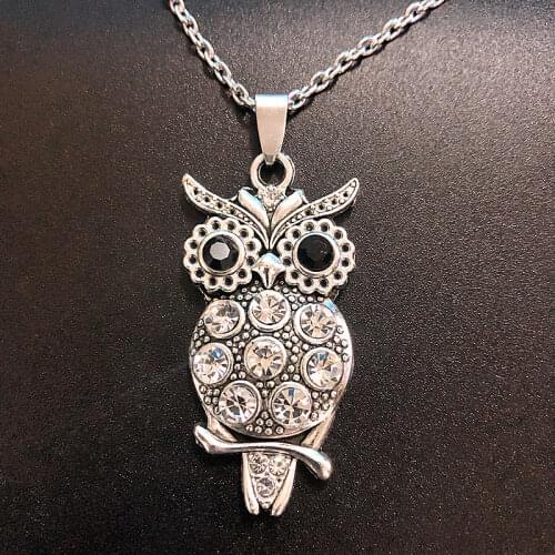 Drop Shipping Vintage Owl Design Crystal Pendant Necklaces Women Sweater Chain