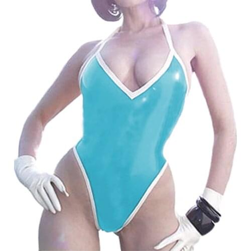 Sexy Siamese Bikini Womens Open Back Faux Leather PVC Siamese Tight Thin High Elasticity Vest Club Dance Bodysuit Bodywear