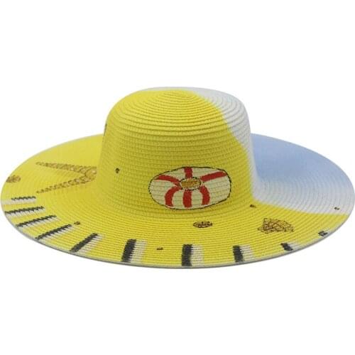 New Women And Men Summer Cute Scrawl Wide Brim Flat Top Fedora Straw Hat Outdoor Travel Beach Sunscreen Straw Hat