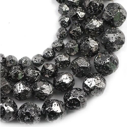 Gun Black Faceted Round Natural Volcanics Lava Stone Spacers Loose Beads For Jewelry Making DIY Accessories 6/8/10/12mm15