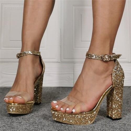 Summer Sexy Women Sandal Bling Bling Gold Platform Chunky High Heel Pumps Fashion Sequined Shiny Dress Shoes Wedding Big Size 15