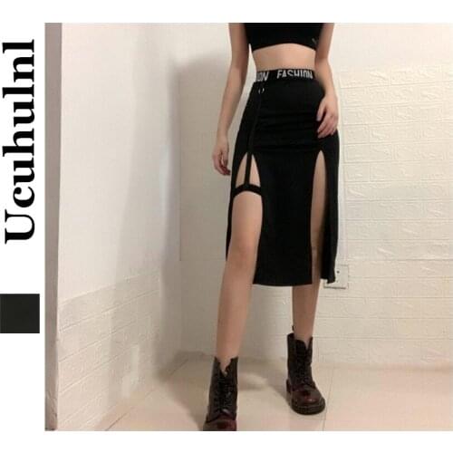 Gothic Print High Waist Skirt Female Patchwork Letter Split Sexy Skirts Female Elegant Long Skirt Korea Streetwear Outfits Club