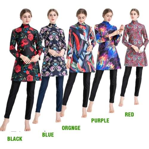 Women Printing Floral Muslim Swimwear Hijab Muslimah Islamic Swimsuit Swim Surf Wear Sport Burkinis