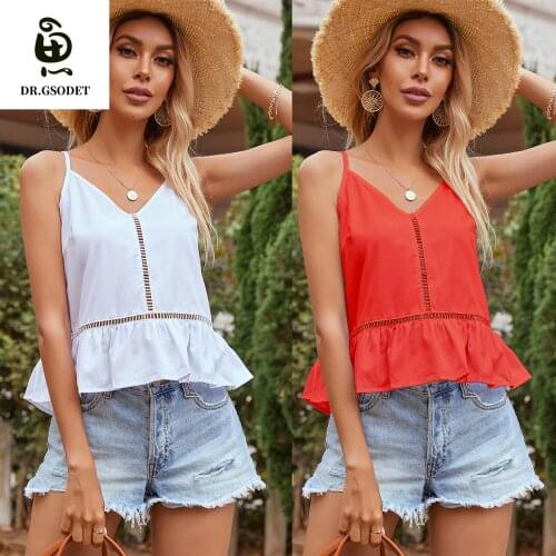 GSODET Camisole 2021 Womens Summer Vacation Cotton Patchwork Lace Sling Crop Top Solid Unique Design Vest Shirt Tanks Blouse