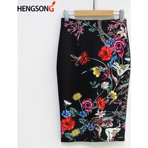Women Pencil Skirt High Waist Big Flower Bodycon Midi Skirt Ladies Print White Black Slim Office OL Hip Skirt