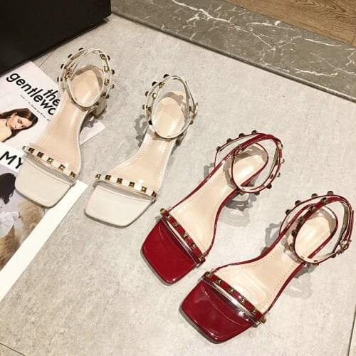 2021 Summer Ankle-Wrap Sandals Women Thick Heels Rivets Shoes High Heels Sexy Wild Square Head Fashion Sandals