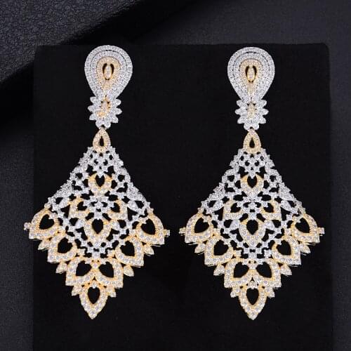 Blachette Trendy Geometry Rhombus Hollow Drop Pierced Full Cubic Zirconia Dangle Earings Women Wedding Daily Gathering Jewelry