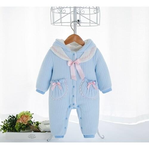 Winter Newborn Baby Girls Clothes Warm Thicken Hooded Princess Jumpsuit Clothing Girls Rompers with Two Pockets 0-2Y