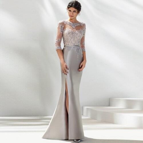 2021 Silver Lace Mother Of The Bride Dress Jewel Neck 3/4 Sleeves Beading Applique Mermaid Party Dress Mother of Groom Gowns