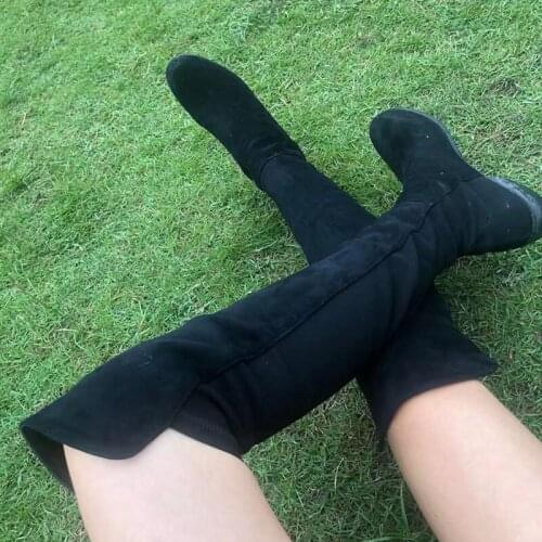 Beige Suede Leather Long Boot Winter Slim Black Women Boots Stretch Fabric Shoes Square Heel Slip On High Quality Ladies Shoes