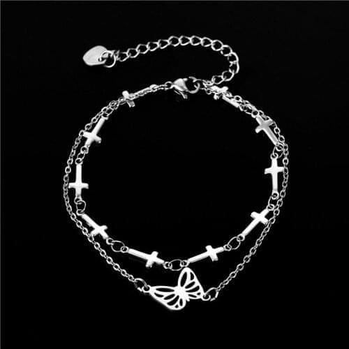 Stainless Steel Butterfly Charm Bracelet for Girls Layered Link Chain Jesus Cross Bracelet Womens Wristband Hand Jewelry New
