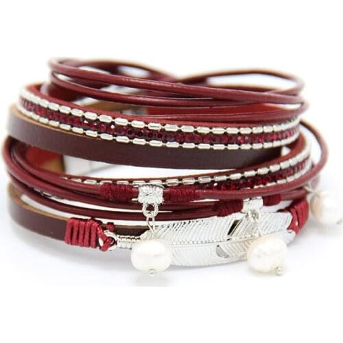 Fashion Multilayer Wrap Braid Leather Bracelets For Women Magnetic Buckle Pearl Pendant Feather Bracelet Femme Bangle Jewelry