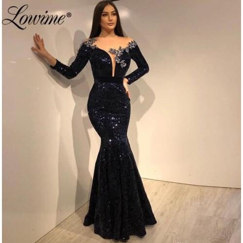 Dubai Black Evening Dresses 2020 Sequined Sparkle Mermaid Fromal Dress Long Sleeves Turkish Arabic Party Gowns Robe De Soiree