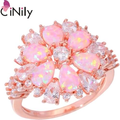 CiNily Lavish Large Pink Fire Opal Rings With Stone Rose Gold Color Clear Crystal Flower Flora Cherry Blossom Jewelry Woman Girl