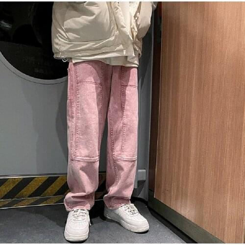 Baggy Cargo Jeans Homme Pink Straight Neutral High Street Oversize Pants Mens And Womens Fashion Streetwear Denim Trousers