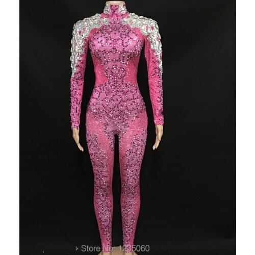 Sexy Rose Stretch Stones Jumpsuit Female Singer Sexy Rhinestones Leggings Costume Bodysuit Nightclub Outfit Party Wear Outfit