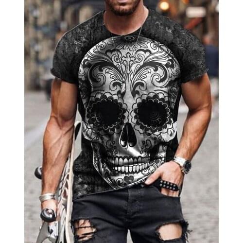 Summer New Black Skull Casual T Shirt For Men Streetwear Punk Oversized Top Tees