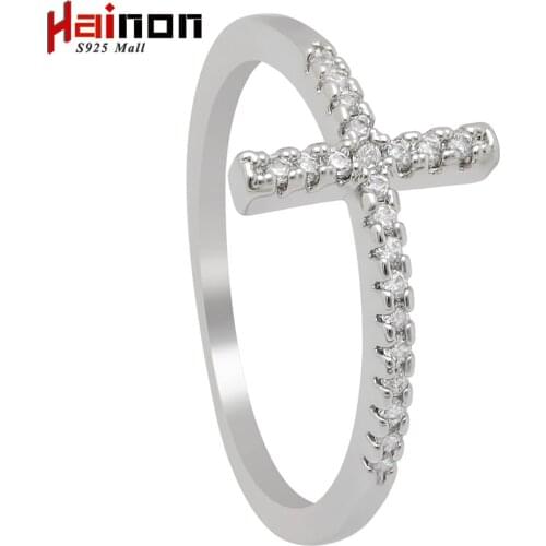 Hainon Fashion Trend Sideways Cross Silver Color Rings Jewelry Crystal Vintage Rose Gold Color Wedding Ring for Women