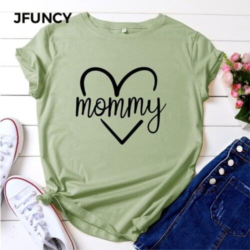 JFUNCY Women Summer T Shirt Plus Size 5XL Letter Print Mommy T-Shirt Woman Loose T Shirt 100% Cotton Short Sleeve Lady Tee Tops
