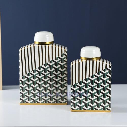 Ceramic Jar Square with Cover Vase Geometry Handicraft Furnishings Golden Retro Ceramic Decorative Jar Home Decoration Vases
