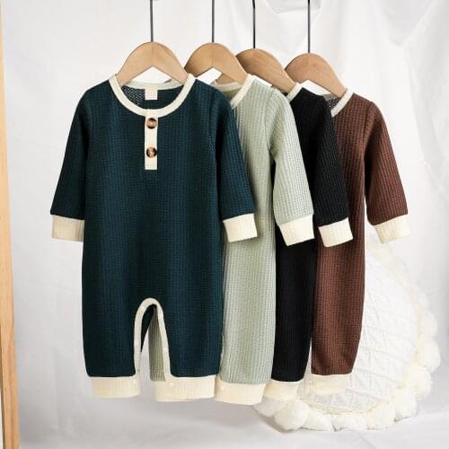 New Baby Jumpsuit, Splicing Color Henley Neck Long Sleeves Knitted Rompers with Buttons for Toddlers, Girls, Boys, 0-24 Months