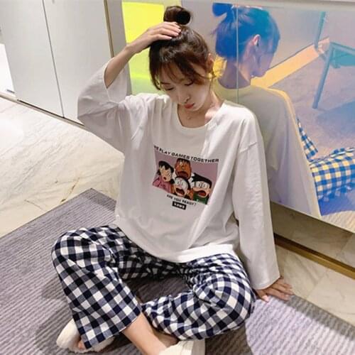Japanese Anime Pajamas Set For Women Long Sleeve Cute Home Clothing Doraemon Print Homewear Leisure Plaid Pants Tshirt Sleepwear