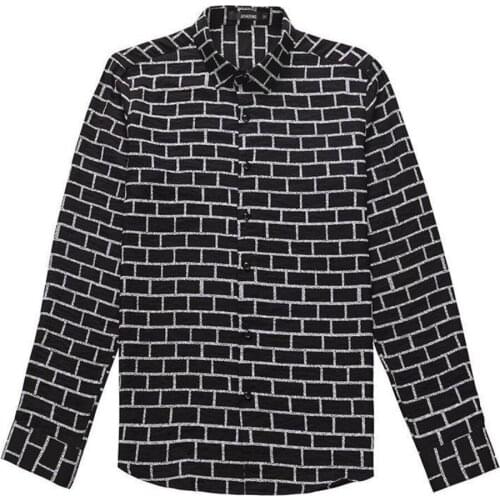 Korean Fashion Mens Black and White Plaid Long-sleeved Shirt, Lapel Button Slim Casual Shirt, Non-iron and Anti-wrinkle