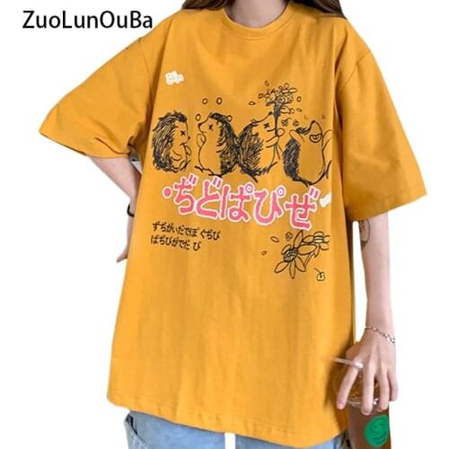 Summer Casual Women T Shirt Print Harajuku Manga Cute Hedgehog Dancing At The Party Pattern Fashion Girl Tees Tops Female 2021