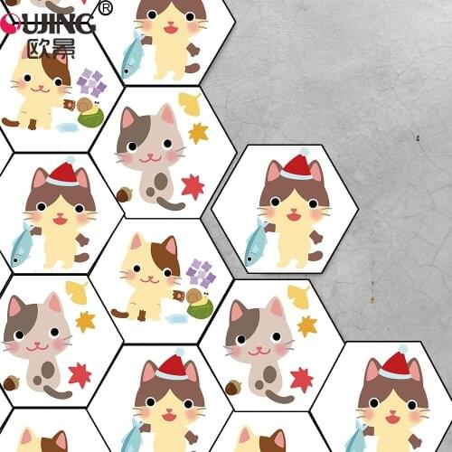 Cartoon Style Mixed Cat Pattern Hexagon Tiles Floor Wall Sticker Living Room Kitchen Childrens Room Bathroom Non-slip Art Mural