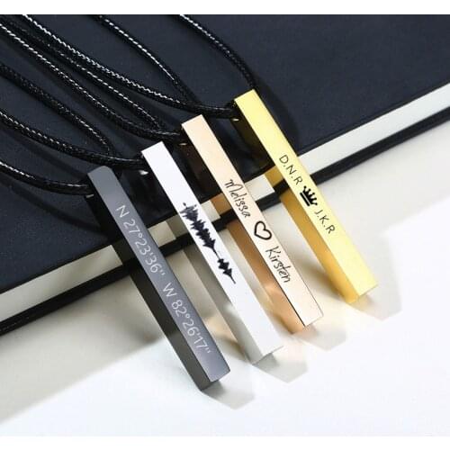 MEN SQUARE BAR PENDANT GIFT FOR HIM LEATHER NECKLACE FOUR SIDES ENGRAVING ENGRAVING PERSONALIZED