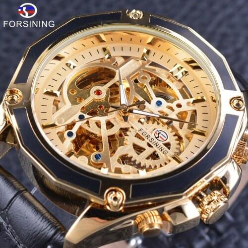 Forsining Golden Openwork Wristwatches Mens Mechanical Watch Waterproof Sport Steampunk Design Black Genuine Leather Band Clock