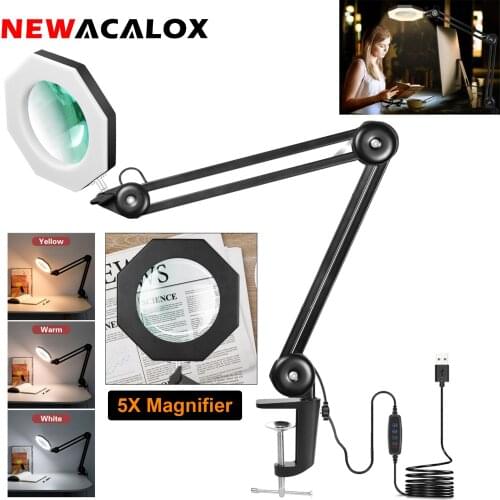NEWACALOX Desk-top Clamp LED Magnifier USB 5X Illuminated Magnifying Glass for Reading/Nail/Embroidery/Office Table Lamp