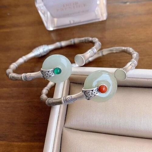 Natural Hetian jade bamboo bracelet Chinese style retro unique designer craft charm womens brand silver jewelry