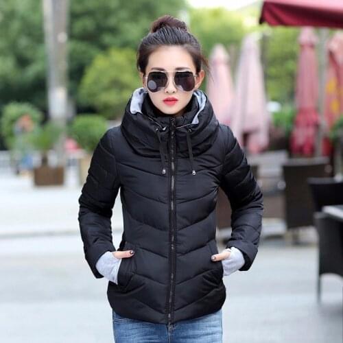 Olid Color Parka Stand Collar Hooded Women Winter Jacket Short Cotton Padded Womens Coat Autumn S