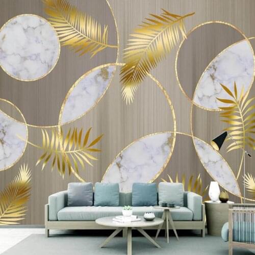 Custom 3D Wallpaper Mural Nordic Light Luxury Wood Grain Marble Circle Golden Leaf Background Wall Decoration Painting