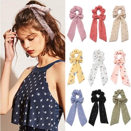 Chiffon Bow Hair Scrunchies Little Polka Dot Floral Print Elastic Hair Rope Ribbon Ponytail Hair Bands Hair Accessories Fashion