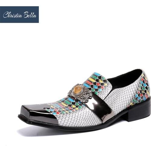 Christia Bella Luxury Metal Charm Snake Pattern Party Men Shoes Fashion Real Leather Dress Shoes Male Business Leather Shoes