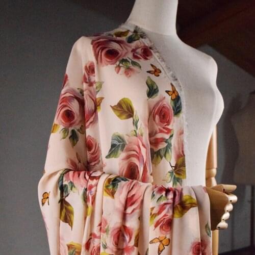 Chiffon Yarn Fabric European And American Style Nude Pink Rose Flower Printed Dress Shirt Cheongsam Handmade DIY Fabric