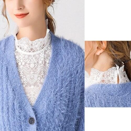 Women Ruffles Turtleneck Fake Collar Floral Lace Curved Detachable Half Blouse Q1QA