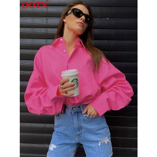 OOTN Streetwear Pink Cotton Women Tops Long Sleeve Pocket Office Work Lantern Sleeve Female Blouse Shirt Casual Loose Solid New
