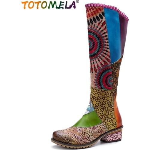 2020 Retro Bohemia Genuine Leather Boots Women Shoes Woman Splicing Jacquard Ladies Winter Knee High Boots Zipper Botas Female
