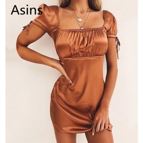 Asins dress women 2019 summer new hot women casual fashion square collar splice high waist short-sleeve satin princess dress