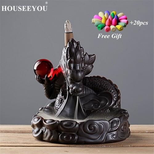 20Pcs Incense Cones Dragon Backflow Incense Burner with Crystal Ball Incense Holder Aromatherapy Ceramic Zen Aroma Smoke Censer