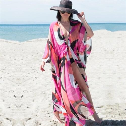 2021 Sexy Dress Tunics for Beach Print Chiffon Long Kaftan Bikini Cover up Plus Size Robe de Plage Sarong Wrap Swimsuit Q1295