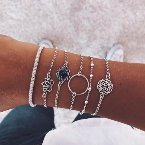 6Pcs/Set Women Multilayer Hollow Circle Flower Lotus Faux Gem Chain Bracelet