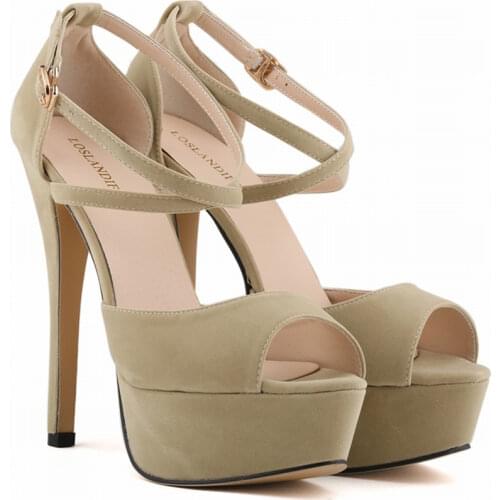 Ankle Cross Buckle Women Sandals Solid Flock Peep Toe Fashion Platform Women Pumps Red Wedding Shoes 14CM Super High Heels Party